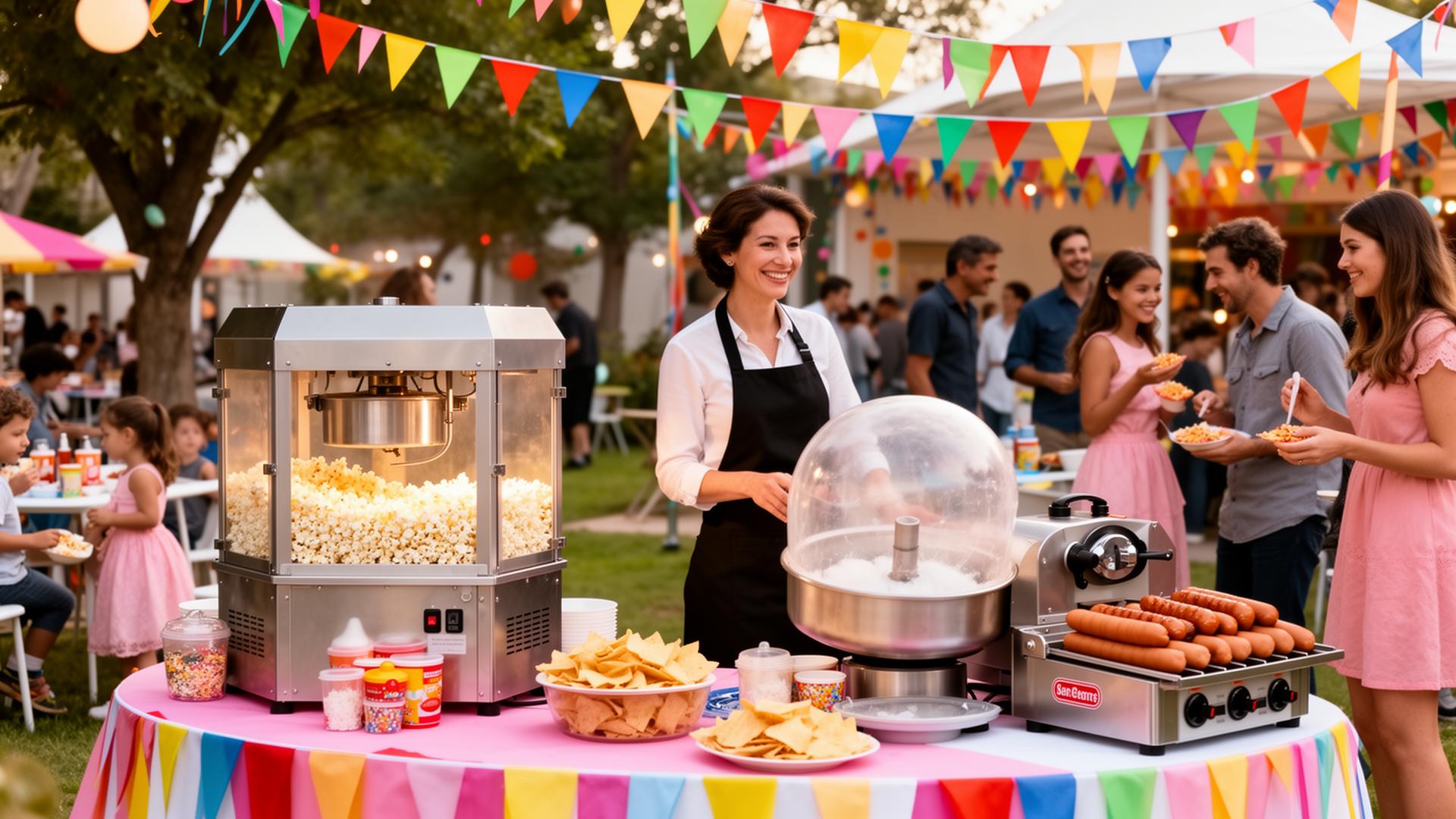 Party snack machines with popcorn and cotton candy at a New Jersey event