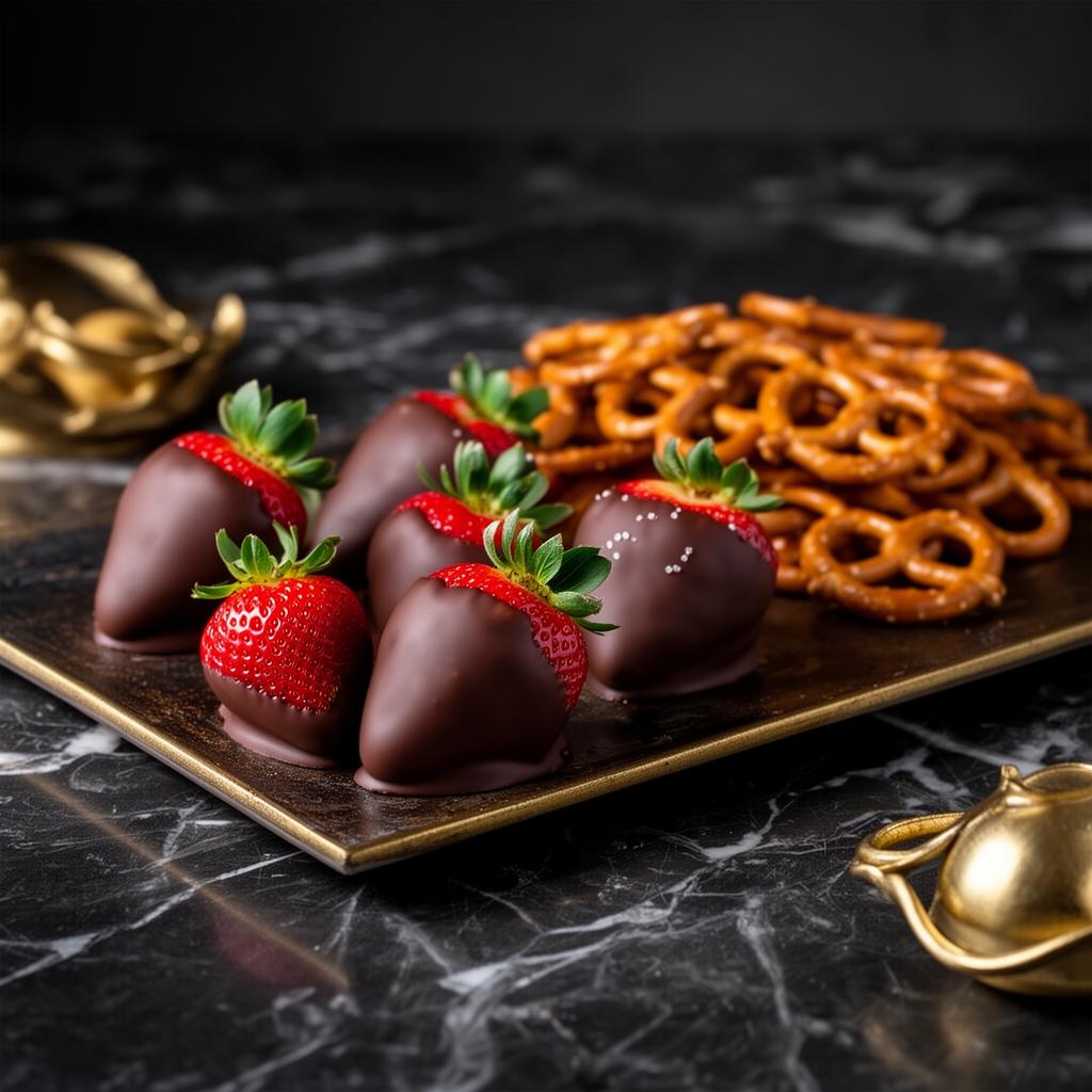 Handcrafted chocolate covered strawberries and pretzels